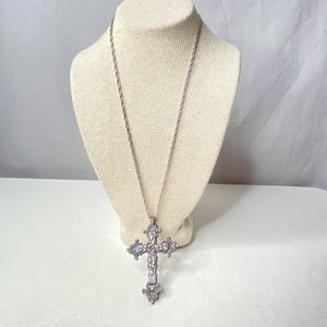 Pendant Necklace Ornate Pewter Cross Silver Tone Spiral Chain